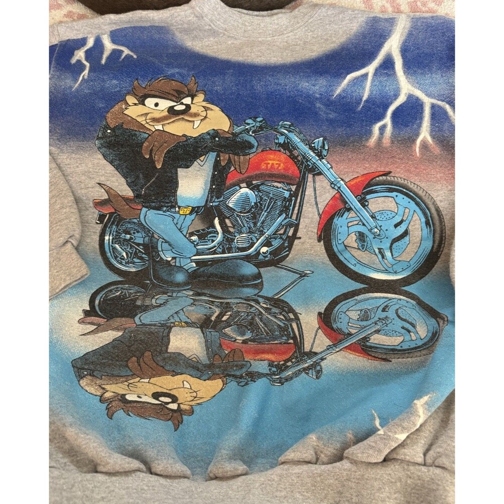 Vintage 1997 Looney Tunes Biker Taz Heather Gray Sweatshirt SZ M